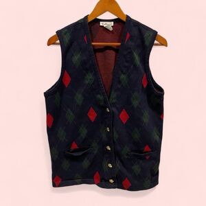 Vintage Talbots oversized vest holiday golf ugly argyle dinner pockets